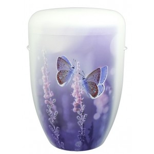 Hand Painted Biodegradable Cremation Ashes Funeral Urn / Casket - Butterflies in Violet on Matt White